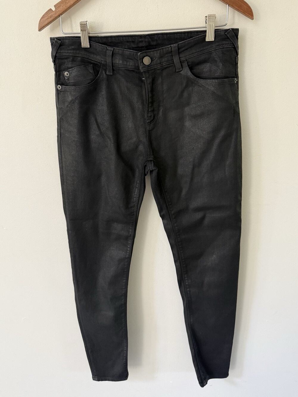 Emporio Armani Waxed Coated Womens Jeans Black Size 30 Skinny Coated Mid Rise